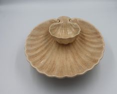 an empty shell shaped dish on a white surface