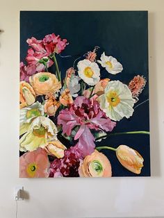 an oil painting of flowers in a vase on a white wall next to a clock