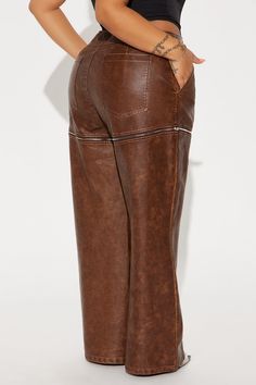 Available In Chocolate. High Rise Washed Faux Leather Pant Hook & Eye Closure Zip Fly Hand & Back Pockets Western Buckle Functional Zipper Detail Seaming Detail Convertible Wide Leg Non Stretch 32" Inseam Shell: 55% Viscose 45% Polyurethane Lining: 95% Polyester 5% Spandex Imported | Western Moves Convertible Faux Leather Pant in Chocolate Brown size Medium by Fashion Nova Faux Leather Pant, Chocolate Fashion, Western Buckles, Leather Pant, Faux Leather Pants, Zipper Detail, Hook Eye, Chocolate Brown, Fashion Nova