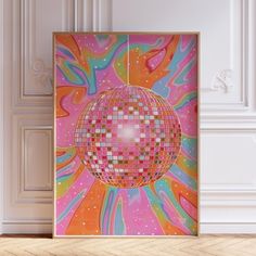 an abstract painting in pink, orange and blue colors with a disco ball at the center