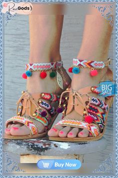 Ethnic Style Pom Lace-up Casual Flat Sandals Bohemian Round Toe Sandals For Beach Season, Spring Bohemian Lace-up Open Toe Sandals, Festival Sandals With Tassels And Round Toe, Bohemian Lace-up Sandals With Adjustable Round Toe, Adjustable Sandals With Tassels For Vacation, Bohemian Adjustable Lace-up Sandals With Round Toe, Bohemian Multicolor Sandals For Vacation, Adjustable Tassel Sandals For Vacation, Bohemian Lace-up Sandals With Round Toe For Beach