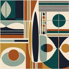 an abstract painting with circles and lines on the ground, in shades of brown, blue, green, orange and white