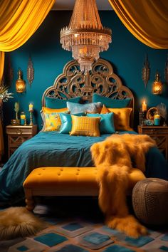 The photo, taken in the evening, showcases a Vibrant Modern Boho Bedroom bathed in the soft glow of a vintage chandelier. The walls are painted in a vibrant teal (#008080), contrasting beautifully with the mustard yellow (#FFDB58) accents. The layout features a king-size bed with a rattan headboard, flanked by two wooden nightstands. Dark Teal And Mustard Bedroom, Teal Mustard Bedroom, Bedroom Ideas Mustard, Teal Yellow Bedroom, Dark Teal And Gold Bedroom, Mustard And Teal Bedroom, Eclectic Teal Bedroom, Beautiful Bedroom Color Ideas, Teal And Mustard