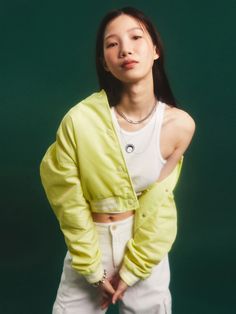 Editor's notesIt is an oversized fit stadium jacket. The comfy jacket is made of a lightweight nylon fabric. It is a basic and casual jacket that features snap button closure, lining, and stripe patterned ribbed cotton neck, cuffs, and hem.- Oversized fit- Snap button- Cropped length- Stripe patterned, Ribbed neck, cuffs, hem- Lightweight jacketMeasurements(in.)One Size- Length: 18.9 in.- Chest: 24.8 in.- Shoulder: 22 in.- Sleeve Length: 20.9 in.*Model info: Height 5’ 8” / Fitting size: One Size Angelina Jolie Makeup, Comfy Jackets, Tennis Club, Tennis Clubs, W Concept, Nylon Fabric, Cropped Jacket, Casual Coat, Crop Jacket