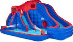 an inflatable water slide that is blue and red