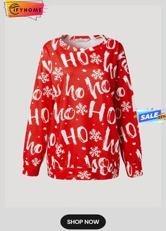 Christmas Letter Round Neck Long Sleeve Loosen Sweatshirt Red Letter Print Top For Winter, Holiday Crew Neck Sweater With Letter Print, Holiday Letter Print Crew Neck Top, Casual Letter Print Tops For Holiday, Christmas Long Sleeve Sweatshirt With Letter Print, Christmas Long Sleeve Sweater With Letter Print, Christmas Sweater With Letter Print And Long Sleeves, Holiday Long Sleeve T-shirt With Letter Print, Christmas Letter