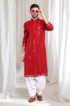 Red kurta with threadwork vine patterns, embellished by mirrorwork and sequins. Comes with patiyala. - Aza Fashions Red Kurta For Men, Haldi Outfits, Red Kurta, Kurta For Men, Kurta Men, Cocktail Reception, Mandarin Collar, Aza Fashion, Types Of Sleeves