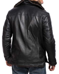 Stay warm in style with the Aviator RAF Synthetic Shearling Black Fur Men's Leather Jacket. Featuring durable, water-resistant leather and a luxurious, faux shearling lining, this jacket offers fashion and comfort in any weather. With an adjustable fit for added comfort and warmth, you'll look and feel your best all season long. 100% real leather Handmade Warm and soft luxurious synthetic Shearling Fur Heavy duty zipped with top notch stitching Aviator style Inner lining; luxurious synthetic she Aviator Leather Jacket, Black Winter Jacket, Mens Fur, Black Leather Coat, Fur Leather Jacket, Men's Leather Jacket, Aviator Jackets, Real Leather Jacket, Genuine Leather Jackets