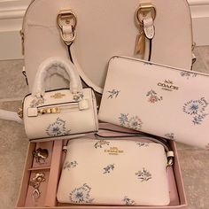 Nwt! Everything Shown. Will Sell 3 Piece Accessory Set Without Bag But Bag Is Included In This Asking Price Off White Satchel Floral Matching Set Of Hang Tag Zip Accessory, Matching Zip Wallet And Box Set Wristlet With 2 Charms As Shown Gifts For Your Wife, Floral Coach Bag, Sweetly Bag, Cute Coach Bags, Trendy Designer Bags, Coach Shoulder Bags, Hang Bags, Trendy Purses, My Style Bags