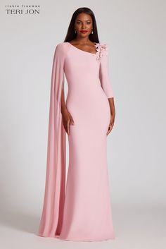 Asymmetrical Crepe Gown Asymmetrical Long Sleeve Dress, Mother Of The Bride Pink Dresses, Mother Of The Bride Dresses With Sleeves, Pink Mother Of The Bride Dresses, Unique Mother Of The Bride Dresses, 2024 Gowns, Garden Wedding Outfit, Unique Evening Gowns, Pink Dress With Flowers