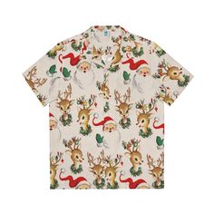 Get too hot indoors to wear an ugly Christmas sweater? Try on a festive retro styled short sleeve button-down. As much holiday power as any Christmas sweater but packed into a stylish, medium weight bowling/Hawaiian style short sleeve shirt.  95% poly/5% spandex  Easy care Free Shipping Perfect Adult Unisex top with a little boxier fit. Men's sizing. Please note this item is made to order just for you. Generally ships in 2-5 days although we can't guarantee a shipping date. Shipping transit time Festive Casual Short Sleeve Shirt, Casual Festive Short Sleeve Shirt, Short Sleeve Holiday Shirt For Winter, Winter Holiday Short Sleeve Shirt, Santa And Reindeer, Hawaiian Style, Retro Stil, Christmas Santa, Looks Vintage