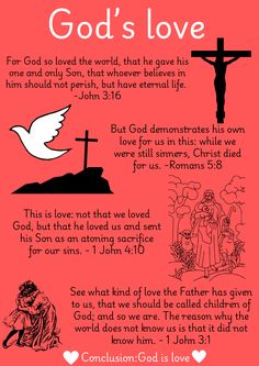 a red poster with the words god's love and images of jesus on it