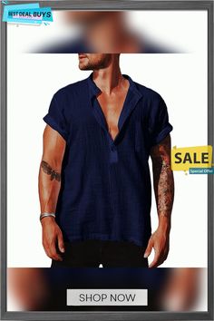 Men's Linen Shirt Summer Shirt Casual Shirt Beach Shirt Henley Spring Summer Short Sleeve Black White Navy Blue Plain Outdoor Street Clothing Apparel Button-down Cotton V-neck Shirt For Summer, Cotton V-neck Summer Shirt, Cotton V-neck Short Sleeve Shirt For Summer, Summer Cotton V-neck Short Sleeve Shirt, Summer V-neck Shirt With Button Closure, Blue Casual Collar Top For Beach, Cotton Tops With Buttons For Beach Season, Casual V-neck Beach Season Shirt, V-neck Shirt With Button Closure For Beach