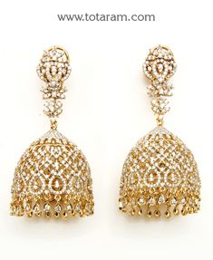 18 Karat Gold Diamond Jhumkas - Diamond Dangle Earrings 
  Note: Only front side has Diamonds as shown in the picture, the back part of the Jhumka which is not visible from the front is only Gold without Diamonds - 235-DER1675 - in 40.900 Grams for USD $6989.79. 
Made in India by Totaram Jewelers Online this product is in Gold - 18 Karat Gold  & is an excellent gift for Adult - Women. Ships fully insured with secured guaranteed delivery for free with your order over $250 from New Jersey USA Diamond Jhumkas, Indian Diamond Jewellery, Diamond Earrings For Women, Diamond Jewelry Earrings, Diamond Earrings Design, Diamond Dangle Earrings, Indian Wedding Jewelry, Gold Jewelry Indian, Diamond Drop Earrings