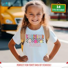 ❤️ Make her first day of kindergarten extra special with this personalized shirt, featuring her name. This charming and custom design celebrates the exciting milestone in your daughter's school journey. Ideal as a back-to-school gift, this customized tee is perfect for capturing those precious first-day memories. Let your daughter shine with a unique and personalized shirt that marks the start of her educational adventure. ❤️ P R O D U C T * I N F O * Classic, unisex fit - Comfortable to wear an Personalized T-shirt For School Events At Year End, Personalized T-shirt For End Of School Year, Personalized Tops With School Spirit For Back To School, Personalized Tops For Back To School With School Spirit, Personalized Tops For Back To School, Personalized T-shirt For Back To School, Personalized Tops For End Of School Year Events, Personalized T-shirt For School's End Of Year, School Gift Ideas