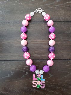 Little Sister Chunky Bubblegum Bead Necklace for kids Cute Purple Beaded Necklace, Fun Pink Necklace For Birthday, Playful Purple Adjustable Necklace, Playful Adjustable Purple Necklace, Adjustable Purple Playful Necklace, Pink Letter Beads Fun Necklaces, Fun Pink Beaded Necklaces With Letter Beads, Cute Colorful Beads Necklace For Birthday, Playful Pink Beaded Necklace For Birthday