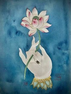 a painting of a white elephant holding a pink flower in it's trunk, with blue background