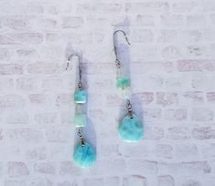 Mismatched Larimar and Rainbow Moonstone Dangle Earrings Stainless steel ear wires Dangle Earrings With Amazonite And Natural Stones, Handmade Dangle Amazonite Earrings, Handmade Amazonite Dangle Earrings, Blue Larimar Dangle Earrings, Larimar Dangle Earrings For Gifts, Etsy Earrings Dangle, Rainbow Moonstone, Ear Wires, Moonstone