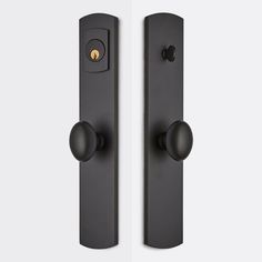 two black door handles with knobs on each side and one has a gold handle