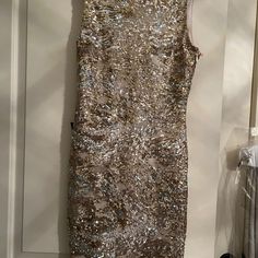 Perfect Party Dress With Gold Embroidery, New With Tags, Size Medium. Glamorous Sequin Sheath Dress, Formal Sleeveless Sequin Midi Dress, Glamorous Sheath Dress With Sequins, Glamorous Holiday Sheath Dress, Glamorous Sheath Dress For Holiday, Glamorous Sheath Holiday Dress, Elegant Embroidered Sequin Dress For Festive Occasions, Sequin Fitted Holiday Dress For Party Season, Elegant Embroidered Dress With Sequins For Festive Occasions