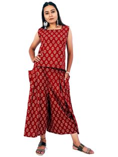 A very beautiful handblock print maroon color sleeveless crop top is paired with broad flared three fourth palazzo which is carrying both side out pockets and back elastic for your comfort. You will definitely feel your attitude keeping your both hands in pockets with your ease. The pure cotton fabric with naturally dyed with vegetable colours only will keep you in cool and light mood for full day. We are offering Plus sizes... Palazzo Crop Top, Hands In Pockets, Crop Top Set, Sleeveless Crop Top, Maroon Color, Naturally Dyed, Block Print, Pure Cotton, Hand Embroidery