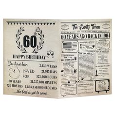 an old newspaper with the words 60th birthday written in black and white, on it