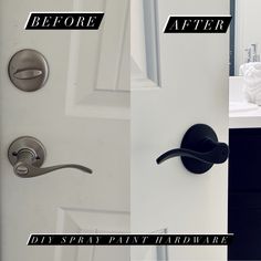 before and after photos of a door handle that has been painted white with black lettering