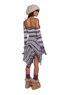 This striped knit mini dress comes with off the shoulder sleeves, spaghetti straps with tie closures, ruching at the chest with a tie closure, and a handkerchief detail, hem, and cuffs. Current Mood Clothing, Off The Shoulder Sleeves, Handkerchief Dress, Current Mood, Knit Mini Dress, Striped Knit, Knitting Yarn, Exclusive Collection, Shoulder Sleeve