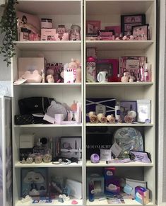 a white book shelf filled with lots of different types of cosmetics and personal care items