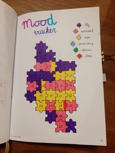 Bullet journal puzzle Puzzle Mood Tracker, Inside Out Bullet Journal, Mood Chart Bullet Journal, Mental Health Bullet Journal Ideas, Mood Tracker, Bullet Journal Themes