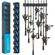 the fishing rod holder is next to an assortment of rods and reels