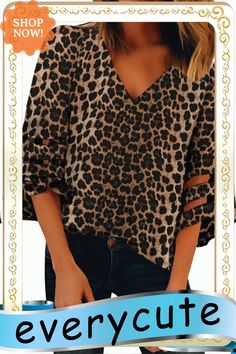 Leopard 3/4 Flared Sleeve Blouse Women Tops, Ladies Tops Fashion, Sleeve Blouse, Blouses, Women's Top