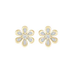 Embrace the beauty of nature with our diamond forget me not flower earrings that feature a gold bezel. Crafted from solid 10k yellow gold, they feature 0.10 carats of dazzling diamonds set into a dainty flower design. Yellow Gold Diamond Flower Earrings With Accents, Yellow Gold Flower-shaped Diamond Earrings With Accents, Flower Shaped Cubic Zirconia Yellow Gold Diamond Earrings, Flower Shaped Yellow Gold Cubic Zirconia Diamond Earrings, Flower Shaped Cubic Zirconia Diamond Earrings In Yellow Gold, Yellow Gold Flower-shaped Cubic Zirconia Diamond Earrings, Yellow Gold Flower-shaped Diamond Earrings, Yellow Gold Flower Diamond Earrings With Brilliant Cut, Yellow Gold Flower Earrings With Diamond Accents