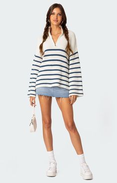 Oversized Quarter Zip, Looking Put Together, Trendy Sweaters, Quarter Zip Sweater, Swimwear Dress, Cute Sweaters, Wide Sleeves, Zip Sweater, Striped Sweater