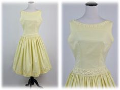 "1950s, early 60 dress. Yellow cotton fabric trimmed with yellow cotton ovals. Boat neckline. Sleeveless. Full skirt is dropped 2\" below the natural waist. Centered back metal Crown zipper. Label reads, \"Junior Fashions by Carole King.\" Freshly laundered. Very good condition. There is a small .25\" orange smudge in the center of the skirt about 6\" from the hem (see next to last photo). There is a .75\" black mark near the left hip (see last photo). Both of the marks are disguised by the fullness of the skirt. The dress has also been shortened by .75\"  but the original 2\" hem is still intake.  Note: All but the 7th photo were taken with a small crinoline which is not included.  Measurements: Shoulders = 15\" Bust = 36\" Waist = 27\" Hips = free Length from top of shoulder to waist = 1 Yellow 1950s Sleeveless Dress, Yellow 1950s Style Sleeveless Dress, Yellow Sleeveless 1950s Dress, Yellow Cotton Fabric, 60 Dress, Vintage 1950s Dress, Carole King, Metal Crown, Junior Fashion