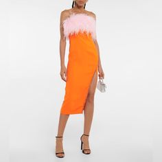 Brand New With Tags Size 2 Crepe Midi Dress, Self Portrait Dress, Feather Trim, Pink Feathers, Western Wedding, Winter 2022, Orange Dress, Dress Pink, Colorful Fashion