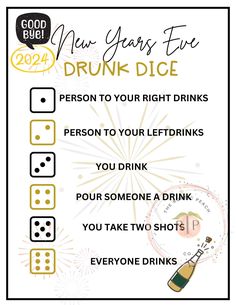 a new year's eve drink list with the date and time for each beverage