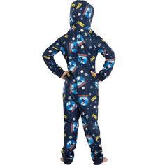 Do you believe in the spirit of the season? Celebrate this holiday with The Polar Express 'Believe' One-Piece Hooded Pajama Sleeper. The zip front footed sleeper has an all-over pattern from the classic holiday movie, The Polar Express. It features train artwork, golden 'believe' tickets and a winter pattern that captures the whimsy and spirit of the well-loved movie. Made from 100% polyester fabric that is comfy, cozy and has a soft feel, your child will board the express train to holiday joy a Blue Hooded Sleepwear For Sleepover, Cotton Onesie For Sleepover In Winter, Cotton Onesie For Winter Sleepover, Fitted Winter Onesie For Loungewear, Fitted Long Sleeve Christmas Sleepwear, Casual Long Sleeve Blue Onesie, Blue Winter Onesie For Sleepover, Blue Onesie For Winter Sleepover, Blue Winter Onesie For Sleepovers