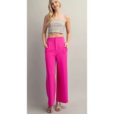 High Waisted Wide Leg Dress Pants - Pink Upgrade your work wardrobe with these stylish and versatile high waisted wide leg dress pants. The beautiful pink color adds a pop of femininity to your outfit, while the flat side pockets and front zipper provide a sleek and modern look. These pants are designed with a high waist to flatter your figure and elongate your legs, making you feel confident and sophisticated. The absence of pleats adds to the clean and polished appearance of these pants. Perfect for any occasion, these dress pants will become a staple in your closet. Shop now at RockinSassBoutique.shop! Elegant Pink Wide Leg Pants For Night Out, Pink High-waisted Wide Leg Summer Pants, Pink Wide Leg Full-length Pants For Party, Pink Wide Leg Full Length Pants For Party, Pink Wide Leg Party Pants Full Length, Elegant Pink Wide Leg Pants For Party, Pink Party Wide Leg Pants, High Waist Pink Wide Leg Pants For Summer, Pink High Waist Wide Leg Pants For Summer