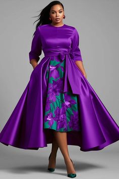 Xpluswear Design Plus Size Formal Red Floral Round Neck 3/4 Sleeve Peplum Satin Midi Dresses - Xpluswear Dark Purple Mother Of The Bride Dress, 2 In 1 Dresses, Purple Dresses For Women, Purple Plus Size Dresses, Classy Formal Dresses, Plus Size Special Occasion Dresses, Satin Midi Dresses, Fuschia Wedding, Mother Of The Bride Looks