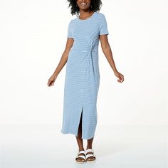 Jaclyn Smith Striped Knit Knot Front T-Shirt Dress    Effortless dressing is at its cutest with this must-have crew-neck dress, featuring a trendy twisted knot that pulls in the silhouette to lightly hug the figure... because even on your most casual days, you deserve to look your best! Striped Crew Neck Dresses For Spring, Jaclyn Smith, Crewneck Dress, Necklines For Dresses, Textured Knit, Striped Knit, Fashion Colours, Types Of Skirts, Blue Stripes