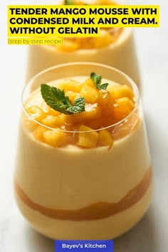 two desserts in small glasses on a white table with the caption tender mango mousse with without gelatin