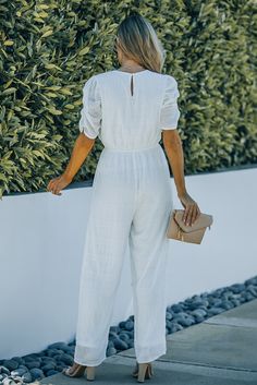 White Wrap V Neck Textured High Waist Jumpsuit White Solid Color Jumpsuit For Spring, Casual Solid Color Jumpsuits And Rompers For Brunch, Casual White Jumpsuits And Rompers For Brunch, Jumpsuit Short Sleeve, High Waist Jumpsuit, Jumpsuit Short, Loose Jumpsuit, White Jumpsuit, Casual Jumpsuit