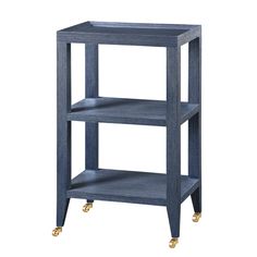 a blue shelf with three shelves on wheels