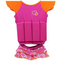 a pink and orange dog life jacket with hearts on it, attached to the chest