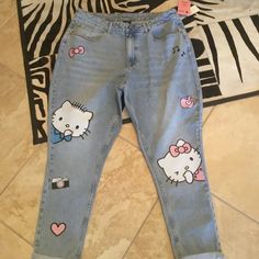 Hello Kitty Overalls, Hello Kitty Senior Jeans, Hello Kitty Jeans, Hello Kitty Pants, Flare Jeans Y2k, Senior Jeans, Kitty Clothes, Kitty Items