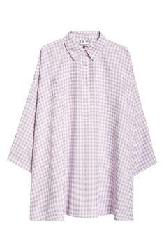 Bring a sense of effortless ease to your casual or vacay looks with this delightfully slouchy and oversized shirt that's patterned in lilac-hued gingham checks. 32 1/2" length (One Size) Button half placket Spread collar Long sleeves with three-button cuffs Dropped shoulders Chest patch pocket 55% rayon, 45% cotton Dry clean Imported Designer Clothing Spring Gingham Tops For Loungewear, Oversized Plaid Blouse For Spring, Chic Oversized Plaid Tops, Oversized Plaid Top For Daywear, Oversized Purple Shirt For Spring, Summer Purple Shirt For Daywear, Relaxed Fit Plaid Blouse For Daywear, Oversized Plaid Shirt For Summer, Summer Daywear Purple Shirt