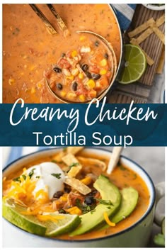 creamy chicken tortilla soup with avocado and sour cream