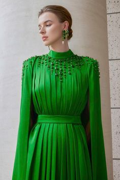 Halcyon Cape Pleated Silk Floor Length Dress | MEAN BLVD Elegant Green A-line Gown, Luxury A-line Maxi Dress For Formal Occasions, Silk Maxi Dress With Pleated Back For Party, Elegant Green A-line Evening Dress, Luxury Evening A-line Maxi Dress, Evening Gown With Pleated Bodice, Floor-length, Floor-length Evening Gown With Pleated Bodice, Evening Floor-length Gown With Pleated Bodice, Luxury Silk Gown With Pleated Bodice