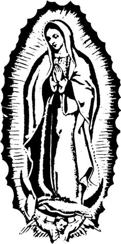 an image of the virgin mary in black and white, vintage line drawing or engraving